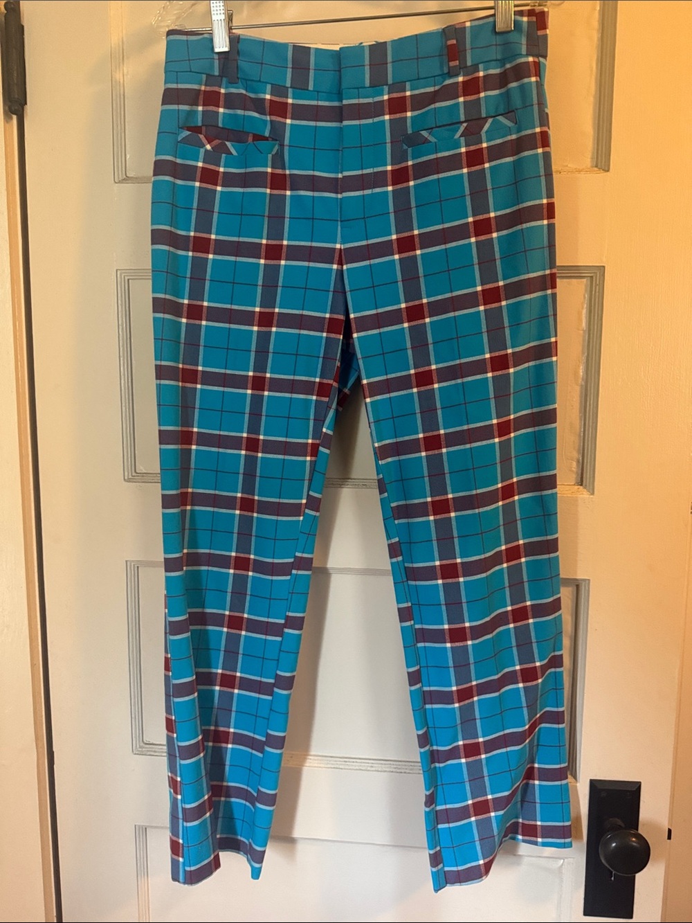 Anthropologie Teal Plaid Ankle Pants with Burgundy and White